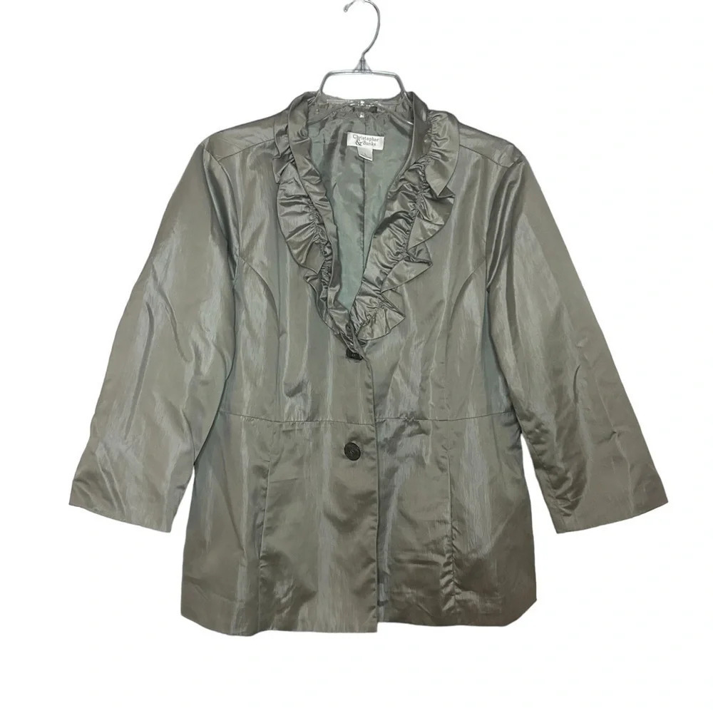 Christopher & Banks Metallic Silver Ruffle Blazer Jacket Large Dressy Evening